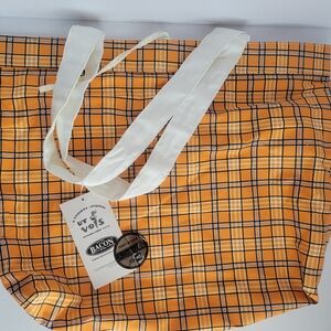 Orange & White Plaid Tote Bag with White Straps